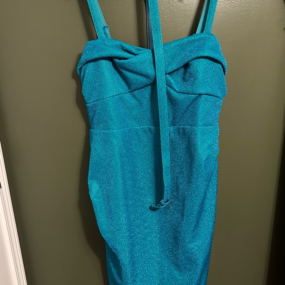 Vixen by Micheline Pitt 4xl Jawbreaker Wiggle dress turquoise lurex
